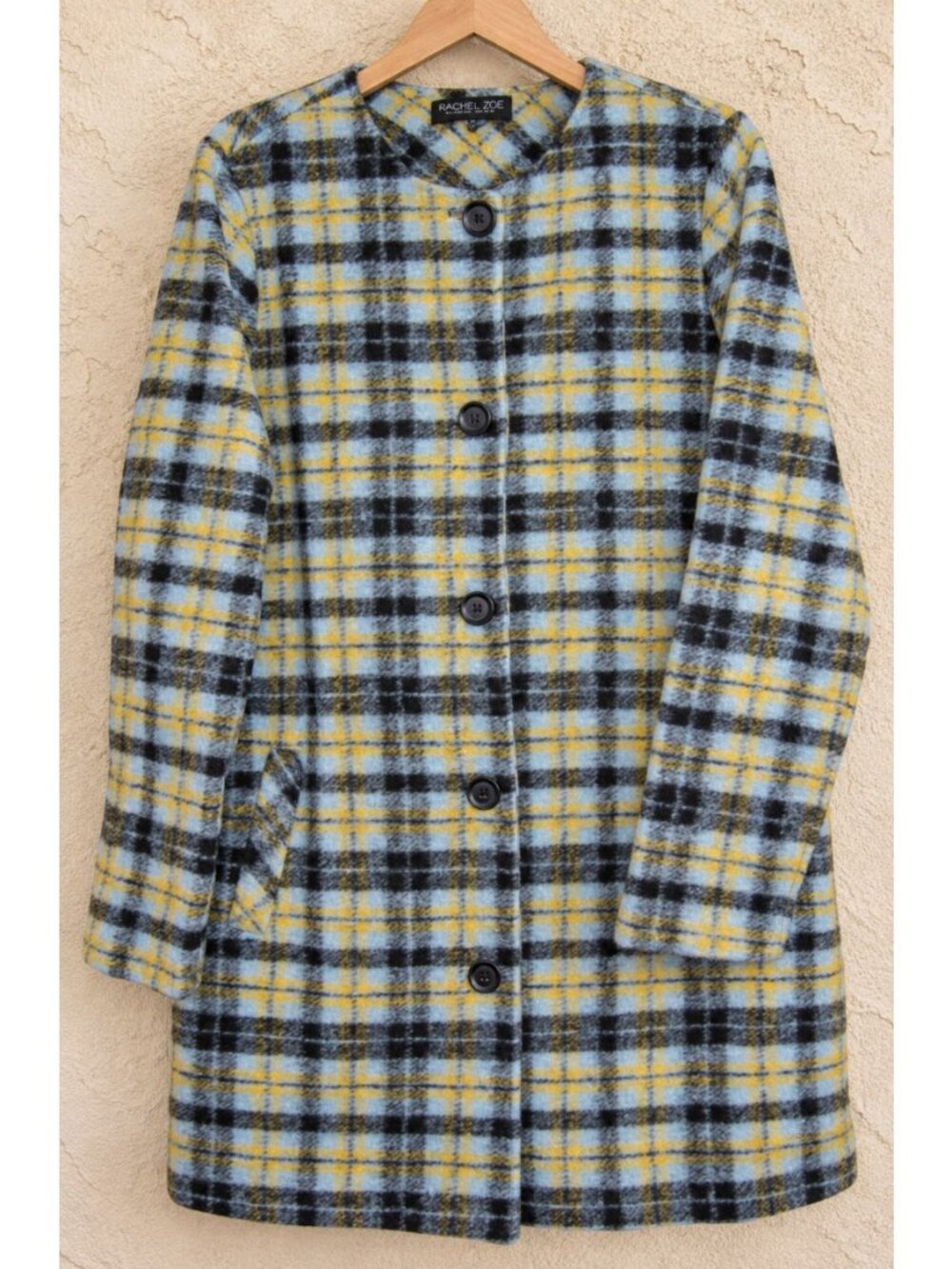 Rachel Zoe M Wool Blend Knit Coat Jacket Shacket Cardigan Plaid Button Pockets